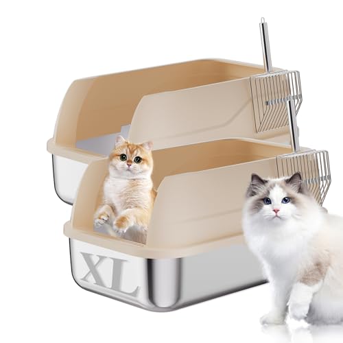 2 Pack Edelstahl Katzentoilette mit Deckel Geschlossene Seiten Extra Große Matel Katzentoilette für Großkatzen XL Stahl Katzentoilette für mehrere Katzen mit Katzentoilette Schaufel Einfache Reinigung von LUDUKU