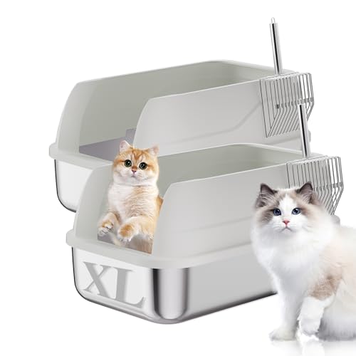 2 Pack Edelstahl Katzentoilette mit Deckel Geschlossene Seiten Extra Große Matel Katzentoilette für Großkatzen XL Stahl Katzentoilette für mehrere Katzen mit Katzentoilette Schaufel Einfache Reinigung von LUDUKU