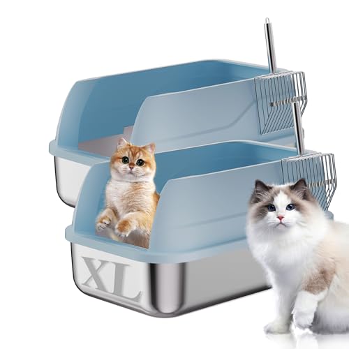 2 Pack Edelstahl Katzentoilette mit Deckel Geschlossene Seiten Extra Große Matel Katzentoilette für Großkatzen XL Stahl Katzentoilette für mehrere Katzen mit Katzentoilette Schaufel Einfache Reinigung von LUDUKU