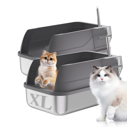 2 Pack Edelstahl Katzentoilette mit Deckel Geschlossene Seiten Extra Große Matel Katzentoilette für Großkatzen XL Stahl Katzentoilette für mehrere Katzen mit Katzentoilette Schaufel Einfache Reinigung von LUDUKU