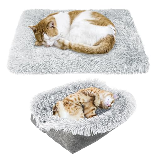 LUFEEMGA Cozy 2-in-1 Katzenbett Plüschmatte & Schlafsack für kleine Hunde und Kätzchen Katze, faltbar, wandelbare Nestdecken für Indoor-Katzen, waschbar, Grau von LUFEEMGA