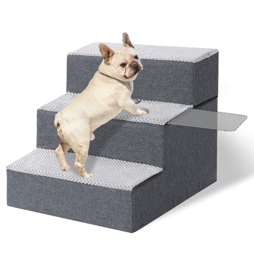 LUFEEMGA Hundetreppe für Kleine Hunde 3 Stufen, Abnehmbare Haustiertreppe mit Hartfaserplatten-Stützstufen, Hunderampe für Sofa Bett aus Hochdichtem Schwamm mit Waschbarer Bezug und rutschfeste Boden von LUFEEMGA