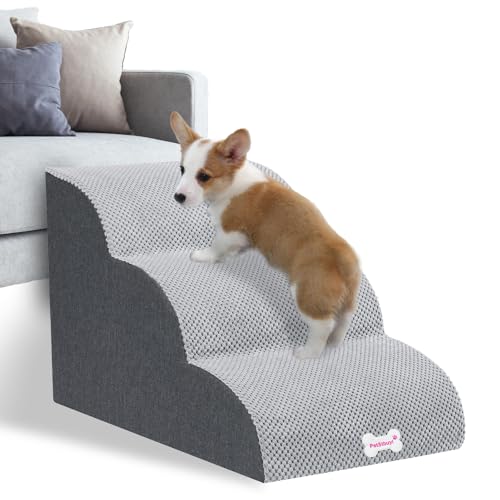 LUFEEMGA Hundetreppe für Kleine Hunde 3 Stufen 40 cm Hoch, Haustiertreppe für Bett Sofa aus Hochdichtem Schwamm, Hunderampe Katzentreppe mit Abnehmbare Waschbarer Bezug und rutschfeste Boden von LUFEEMGA