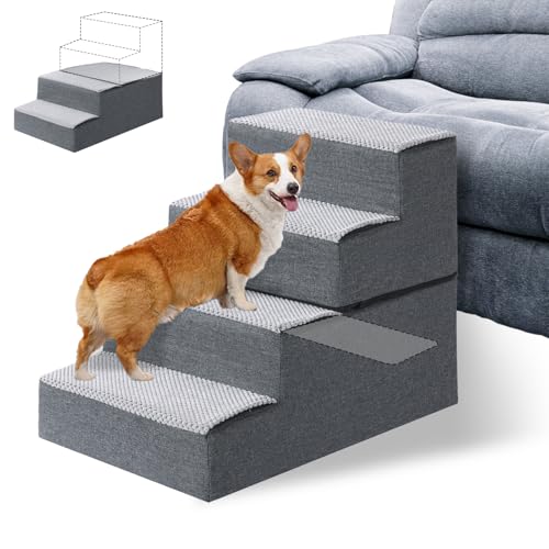 LUFEEMGA Hundetreppe für Kleine Hunde 4 Stufen, Abnehmbare Haustiertreppe mit Hartfaserplatten-Stützstufen, Hunderampe für Sofa Bett aus Hochdichtem Schwamm mit Waschbarer Bezug und rutschfeste Boden von LUFEEMGA