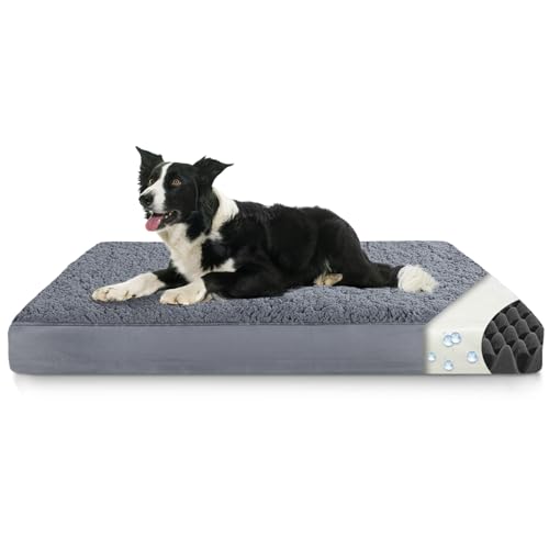 LUFEEMGA Orthopädisches Hundebett Grosse Hunde 90x70x8cm, Abnehmbares Wasserdichtes Gehäuse und Eiförmiger 30D-Schwamm Hundekissen, Flauschig Rutschfestem Waschbar Hundematte(Dunkelgrau) von LUFEEMGA