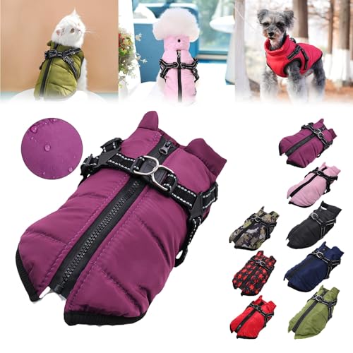 Pawbibi Sport – Hundemantel, Hunde-Wintermantel mit integriertem Geschirr, reflektierende Fleece-Weste mit Reißverschluss, Hundemäntel for kaltes Wetter, wasserdichter Hundemantel mit Geschirr(Purple, von LUGEZLRJ