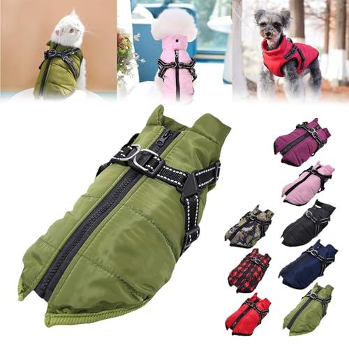 Pawbibi Sport – Hundemantel, Hunde-Wintermantel mit integriertem Geschirr, reflektierende Fleece-Weste mit Reißverschluss, Hundemäntel for kaltes Wetter, wasserdichter Hundemantel mit Geschirr(Green,S von LUGEZLRJ