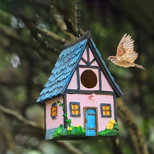 Hängendes Vogelhaus für den Außenbereich aus Harz, Vogelhäuser aus massivem Vogelhaus für Garten Terrasse Dekorationen, wasserdichtes Vogelhaus mit Eisen-Hängekette, Geschenk für Vogelliebhaber von LUKEE