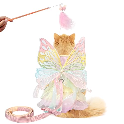 Kleid für Katzen, besticktes Hundekleid, Netzstoff, Regenbogen-Schmetterlingskleid für kleine Hunde, mit Katzengeschirr und Leine, einziehbarer Katzenstab-Spielzeug, Rosa, Größe L von LUKHMELF