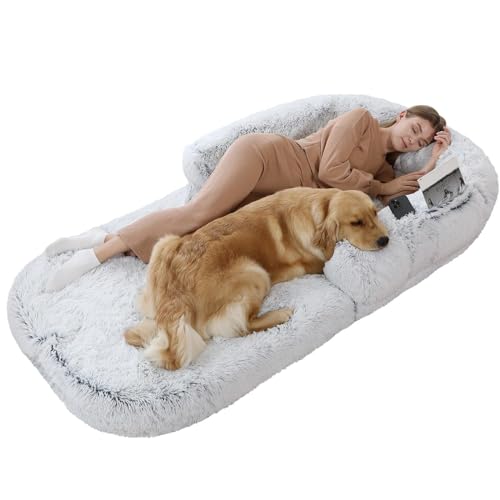 LULUMAIC 2 in 1 menschliches Hundebett, faltbares menschliches Hundebett, großes Hundebett, plüschverstellbare Hundesofa für Erwachsene, Haustier (hellgrau) von LULUMAIC