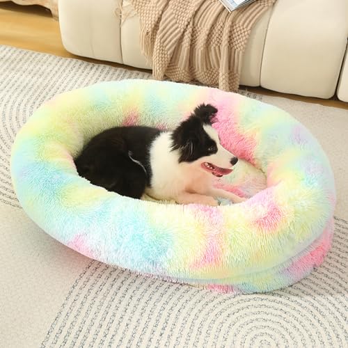 LULUMAIC Flauschige Hundebettmatratze, weich warmes Hundemattenbett, waschbare Hundekiste Matratze, Haustierkatze -Betten Kissenmatratze, beruhigende Anti -Angst -Hundebett (Regenbogenfarben 120x85x25 von LULUMAIC