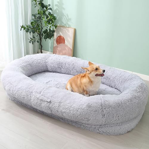 LULUMAIC Großes menschliches Hundebett für Menschen und Haustiere, 165 x 94 x 30 cm, riesiges Plüsch-Hundebett in Menschengröße, Flauschiges Hundebett und Sofa, gemütliches Nickerchenbett (Hellgrau, von LULUMAIC