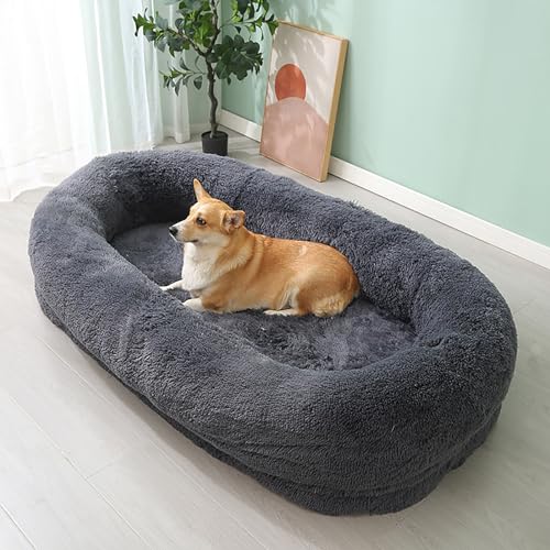 LULUMAIC Großes menschliches Hundebett für Menschen und Haustiere, 165 x 94 x 30 cm, riesiges Plüsch-Hundebett in Menschengröße, Flauschiges Hundebett und Sofa, gemütliches Schlafbett (dunkelgrau, von LULUMAIC