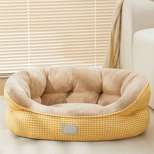 LULUMAIC Hundebett, süßes Plüschkatze, Tierbett -Sofa mit Nicht schleuderem Boden, sehr bequemer Schaumfüllung, waschbare Hundebetten für Katzen und kleine Hunde, gelb, l von LULUMAIC