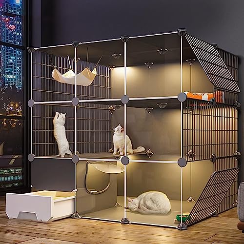 LULUMAIC Katzenlaufstall für drinnen und draußen mit Katzentoilette, Haustier-Laufstall für Katzen, transparentes Design, leicht zu reinigende Zwinger für Katzen (Paket a, 110 x 95 x 109 cm) von LULUMAIC