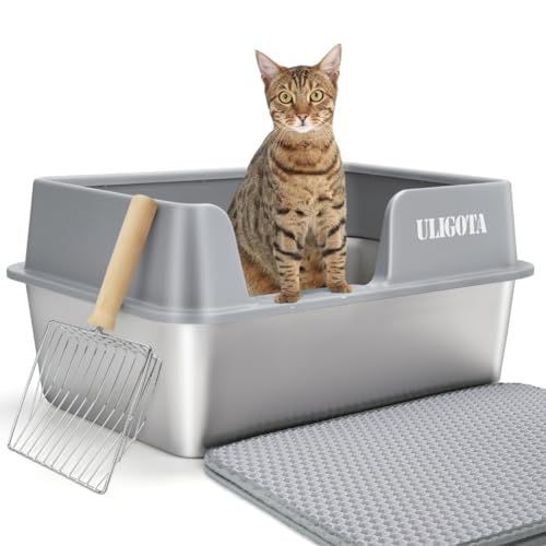 LULUMAIC Katzentoilette mit hohen Seiten, Edelstahl-Katzentoilette mit Deckel, große Metalltoilette für große Katzen, nimmt Keine Gerüche an, antihaftbeschichtete Oberfläche von LULUMAIC