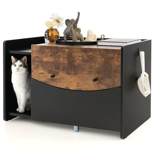 LULUMAIC Maxmass Katzentoilette, Mobile, versteckte Katzentoilette mit ausziehbarer Schublade und Klapptür, Katzenhaus-Seitenschrank aus Holz, Nachttisch für Schlafzimmer, Wohnzimmer und Badezimmer von LULUMAIC