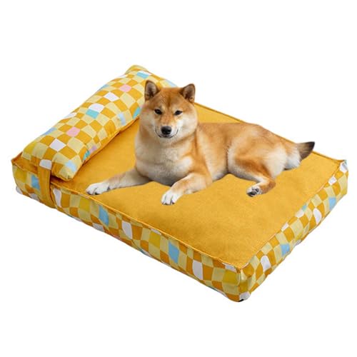 LULUMAIC Pet Couch, beruhigendes Hundebett, Katzenbetten für Innen-, Rechteck-Haustierkuddler mit Slip-Bottom, Hundekiste Matratze mit Kissen, Flauschige Anti-Angst-Hundebetten, Gelb, L. von LULUMAIC