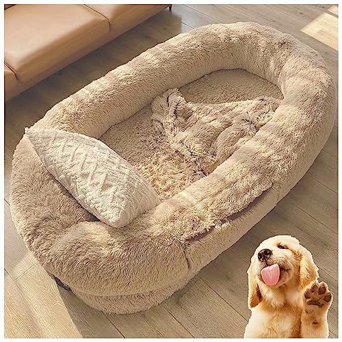 LULUMAIC Pet Human Hundebett für Erwachsene Maschinenwaschbar Plüschflauschige kuddlerische Heilungsbett, gigantischer Futon mit Schaumstofffüllung und Entfernung (braun 175 cm) von LULUMAIC