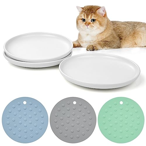 LUMINFLY 3 rutschfeste Matten & flache breite Katzenfutterschale, stressfreier Schnurrhaar, Ermüdungsentlastung, Fütterungsplatten für Katzen, Kätzchen, Welpen, Keramik-Katzennäpfe 3 Packungen, von LUMINFLY