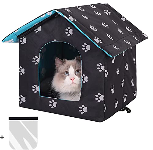 Katzenhaus Für Draußen Winterfest Wasserdicht, Katzenhöhle für Draußen, Hundehöhle Hundehaus Tierheim für Streuner Haustiere, mit Katzenmatte Abnehmbarem Transparentem Vorhang (Black, L) von LUNNTE