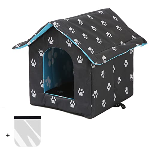 Katzenhaus Outdoor, Katzenhaus Für Draußen Winterfest Wasserdicht, Welpenhütte im Freien, Mit abnehmbarem transparentem Vorhang (Black, S) von LUNNTE