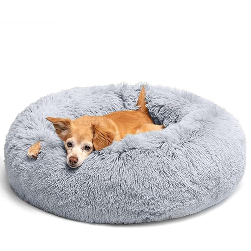 LUOJINYI Hundebett Flauschig, Hundekissen Rund Haustierbett Donut Katzenbett Waschbar mit rutschfestem Boden für große, mittelgroße & kleine Hunde, 50 cm, Hellgrau von LUOJINYI