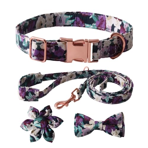 LUOLIE Hundehalsband, Hundeleinenkabel, 4-teiliges Set, niedliches Hundehalsband + Leine + Krawatte, Set mit Blumendekoration für modische Haustierbesitzer, hebt Ihren Haustierstil auf von LUOLIE