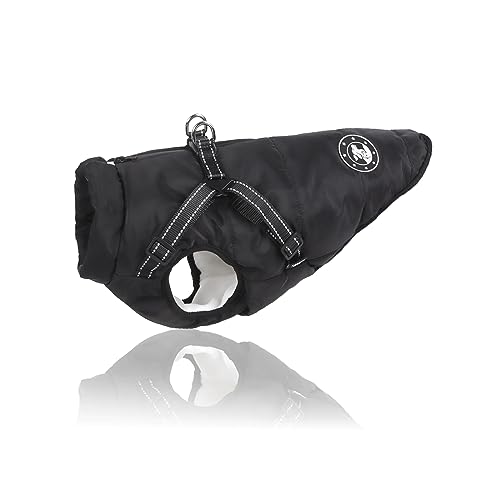 LUOWAN Hundemantel Wasserdicht, Hundemantel Französische Bulldogge, Warme Weste mit Hundegeschirr, Verschiedene Größen,Hundejacke für Kleine Hunde (L, Black) von LUOWAN