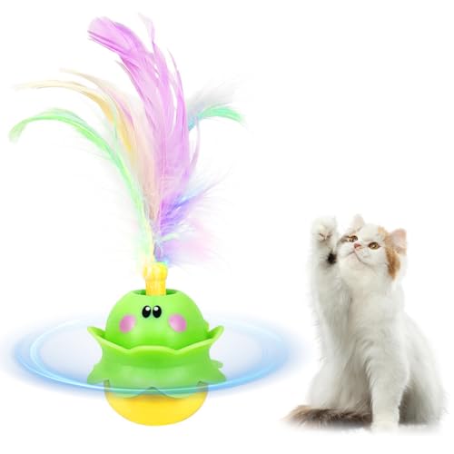 LUPATDY Elektrisches Katzenspielzeug, Interaktives Katzenspielzeug mit Feder, Tumbler Katzenspielzeug für Batteriebetrieben, Katzenspielzeug, das Geräusche Machen und leuchten kann (Gelbgrün) von LUPATDY