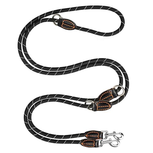 LURICO Hundeleine 3m verstellbar für große & mittelgroße Hunde, Verstellbare Doppelleine aus Nylon mit 2 Karabinerhaken und 3 Ringen, Dog Leash 14mm (Schwarz) von LURICO