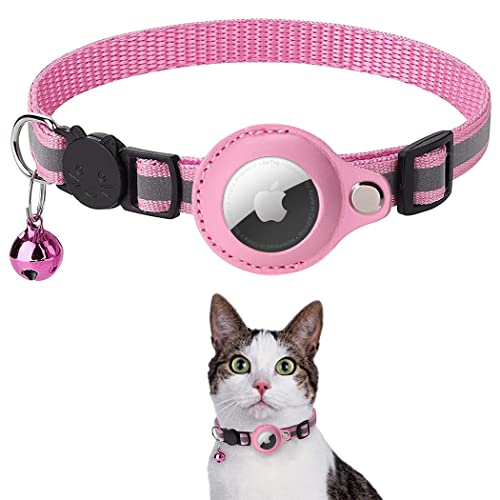 Reflektierendes Airtag Katzenhalsband, Integriertes Apple Airtag Katzenhalsband, GPS Cat Tracker Halsband mit Airtag Halter und Glocke, Leichtes Katzen-Tracker-Halsband für Kätzchen und Welpen (Rosa) von LUTAKU