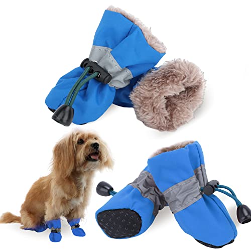 LUZGAT Hunde Warme Schuhe Hundestiefel Pfotenschutz für den Winter Kleine Mittlere Hunde mit Anti-Rutsch-Sohle und Plüsch 4 Stück (Blau, 3) von LUZGAT