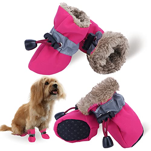 LUZGAT Hunde Warme Schuhe Hundestiefel Pfotenschutz für den Winter Kleine Mittlere Hunde mit Anti-Rutsch-Sohle und Plüsch 4 Stück (Rosa, 2) von LUZGAT