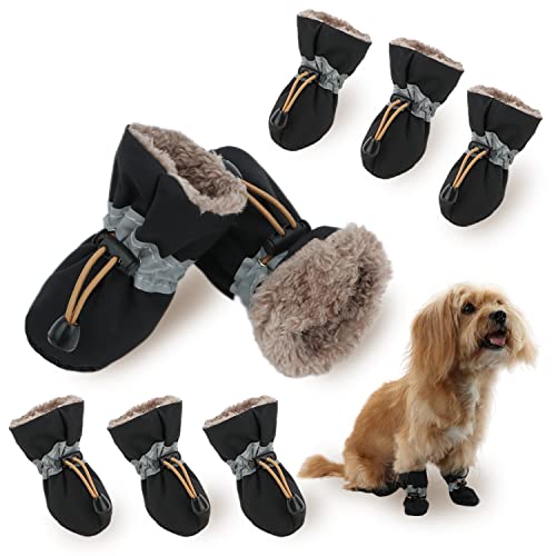 LUZGAT Hundestiefel, Pfotenschutz, Winterstiefel für kleine Hunde, mit rutschfester Sohle und Plüsch, für warmen Schnee, Spaziergänge im Freien, 8 Stück (schwarz + schwarz, Größe 3) von LUZGAT