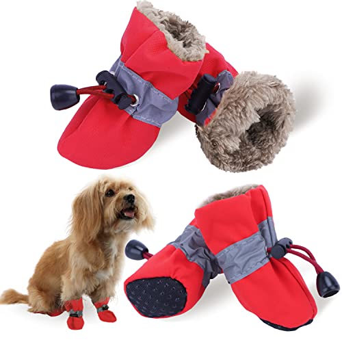 LUZGAT Warme Hundestiefel, Pfotenschutz für den Winter, für kleine und mittelgroße Hunde, mit rutschfester Sohle und Plüsch, 4 Stück (Rot, 2) von LUZGAT