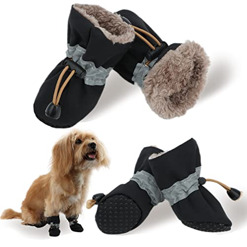 LUZGAT Warme Hundestiefel, Pfotenschutz für den Winter, für kleine und mittelgroße Hunde, mit rutschfester Sohle und Plüsch, 4 Stück (Schwarz, 3) von LUZGAT