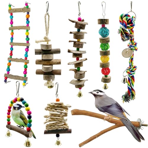 Vogelsitzstange, Vogelspielzeug, Papageiensittich, natürliches Holz-Kauspielzeug, 8 Stück, Schaukel-Vogelkäfig-Zubehör mit Seilstange, Hängespielzeug für Lovebird Wellensittiche von LWINGFLYER