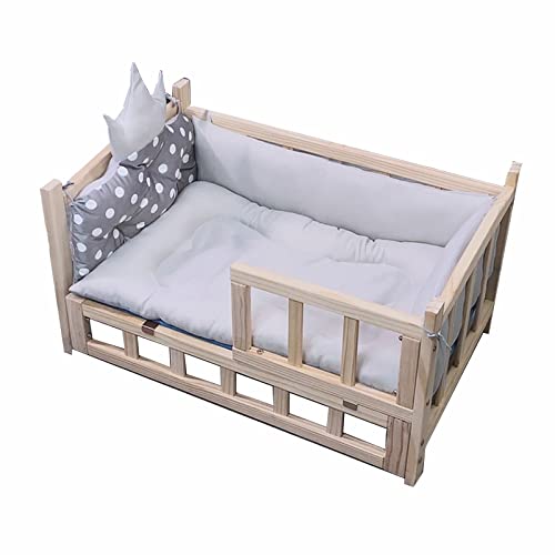 Hundebett Hundeliege Luxus Hundebett Aus Holz mit Grauer Softmatte Und Zaun, Winter-Haustierbett für Große Mittelgroße Kleine Hunde, Erhöhte Orthopädische Abnehmbare Hundehütte mit Treppe U von LWMD