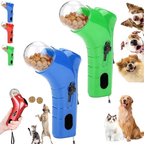 LXCJZY Cat Treat Shooter Gun, Interactive Puppy Award Snack Catapult Toy, Pet Food Thrower Dispenser, Pet Snacks Feeder for Indoor Outdoor, Handheld Home Pets Training Feeder (Blue + Green) von LXCJZY