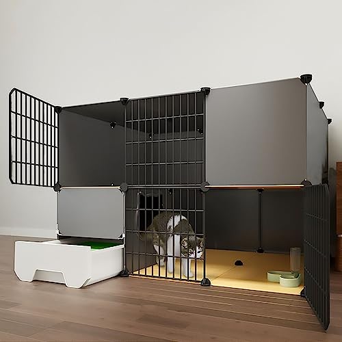 Großer Katzenkäfig, 2-stöckiger DIY-Katzenlaufstall für den Innenbereich, integrierte Katzentoilette mit Katzentoilette, supergroßer freier Raum (Größe: Schwarz-111 x 95 x 75) Warm as Ever von LXMBHAM