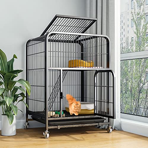 Katzenkäfig, robuster Katzenkäfig für den Innenbereich, Transportkäfig auf Rädern, Katzenkäfig mit Tür und abnehmbarem Tablett, doppelter schwarzer Katzenkäfig (Größe: 100 x 55 x 78 cm) Warm as ever von LXMBHAM