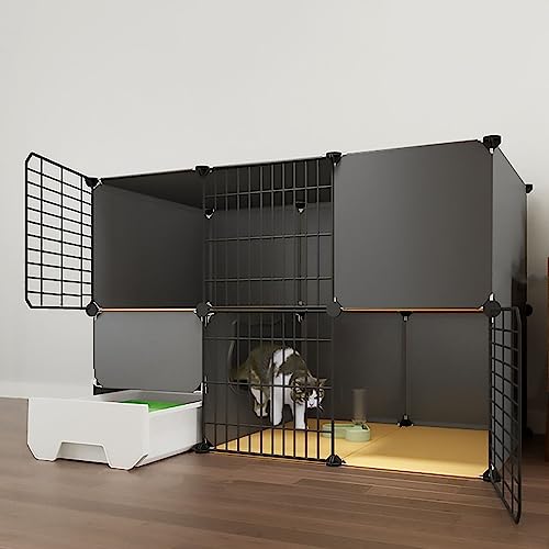 LXMBHAM Großer Katzenkäfig, 2-stöckiger DIY-Katzenlaufstall für den Innenbereich, integrierte Katzentoilette mit Katzentoilette, supergroßer freier Raum (Größe: Black-C-111 x 49 x 75) Warm as Ever von LXMBHAM