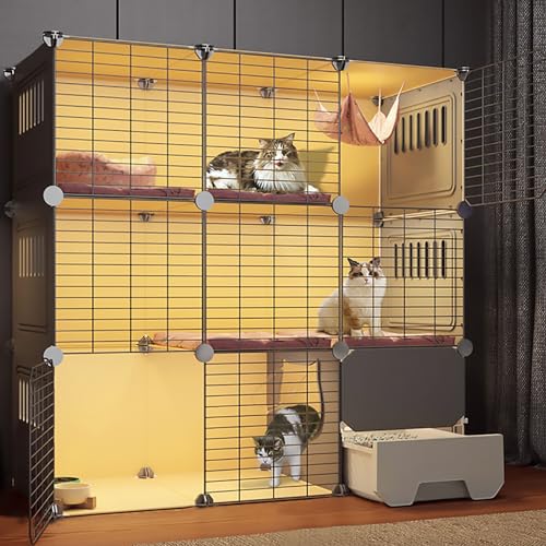 LXMBHAM Katzenschrank, 3-stöckige große Katzenhütte, Katzenkäfig mit Katzentoilette, DIY-Katzenlaufstall für den Innenbereich für Kleintiere, abnehmbar (Größe: 109 x 49 x 109 cm) Warm as Ever von LXMBHAM