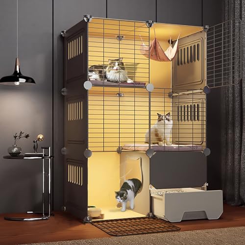 LXMBHAM Katzenschrank, 3-stufige große Katzenhütte, Katzenkäfig mit Katzentoilette, DIY-Katzenlaufstall für den Innenbereich für Kleintiere, abnehmbar (Größe: 75 x 49 x 109 cm) Warm as Ever von LXMBHAM