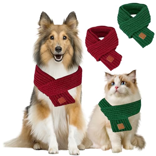 Weihnachten Haustier Schal, 2 Stück Weihnachten Gestrickte Hund Schal, Warm Hund Katze Schal Weihnachten, Weihnachten Hund Katze Schal, Winter Haustier Schal, Weihnachtsschal Haustier (Rot+Grün) von LXONTSG