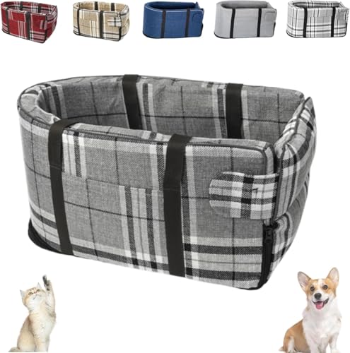 Car Seat Cat Carrier, Center Console Dog&Cat Car Seat, Breathable and Foldable Pet Car Basket, Sturdy Safe Washable for Puppy Cat Travel Seat (Grau kariert, 48 * 26 * 24 cm) von LXSNZARUY