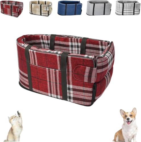 Car Seat Cat Carrier, Center Console Dog&Cat Car Seat, Breathable and Foldable Pet Car Basket, Sturdy Safe Washable for Puppy Cat Travel Seat (Rot kariert, 48 * 26 * 24 cm) von LXSNZARUY