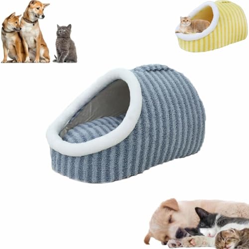 LXSNZARUY Stripe Calming Plush Pet Bed with Cover Cave, Thick Fleece Warm Slipper Pet Bed, Non-Slip Washable Soft Pet Sleeping Bag for Small Medium Pets von LXSNZARUY