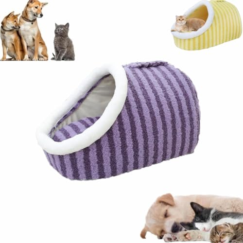 LXSNZARUY Stripe Calming Plush Pet Bed with Cover Cave, Thick Fleece Warm Slipper Pet Bed, Non-Slip Washable Soft Pet Sleeping Bag for Small Medium Pets von LXSNZARUY